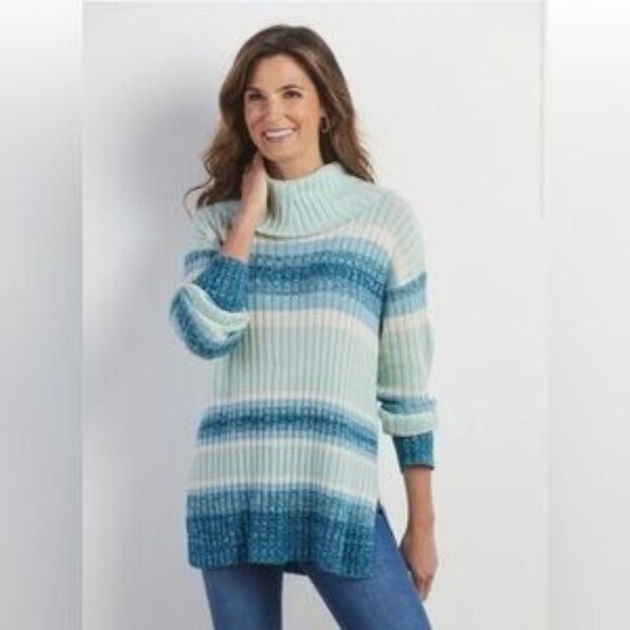 Soft Surroundings Favila Striped Cowl Neck Sweater Ribbed Mint Teal Large NEW - Picture 1 of 6
